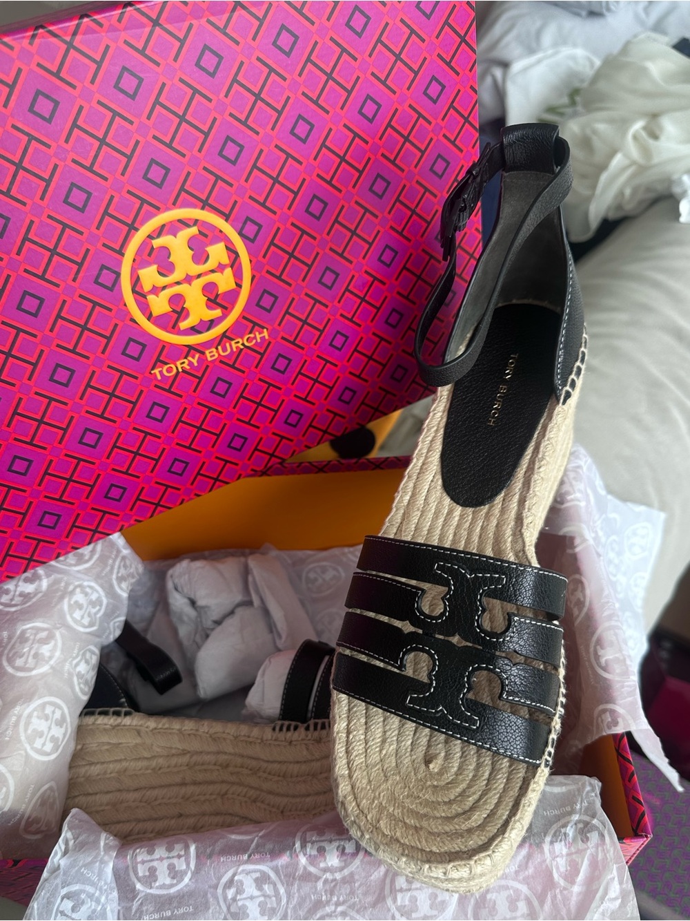 Tory Burch Black Leather Espadrille Sandals NWBOX 9.5